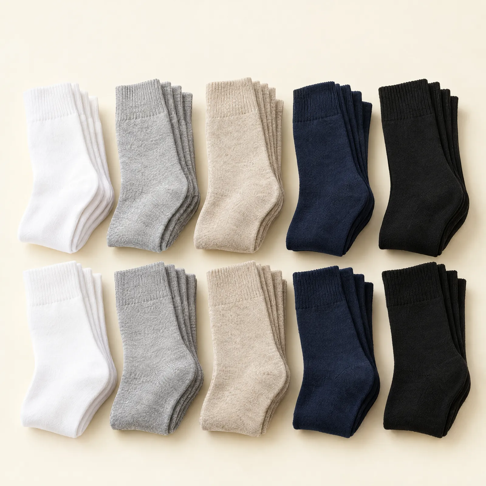 Ten pairs of plain crew socks in white, gray, beige, navy and black
