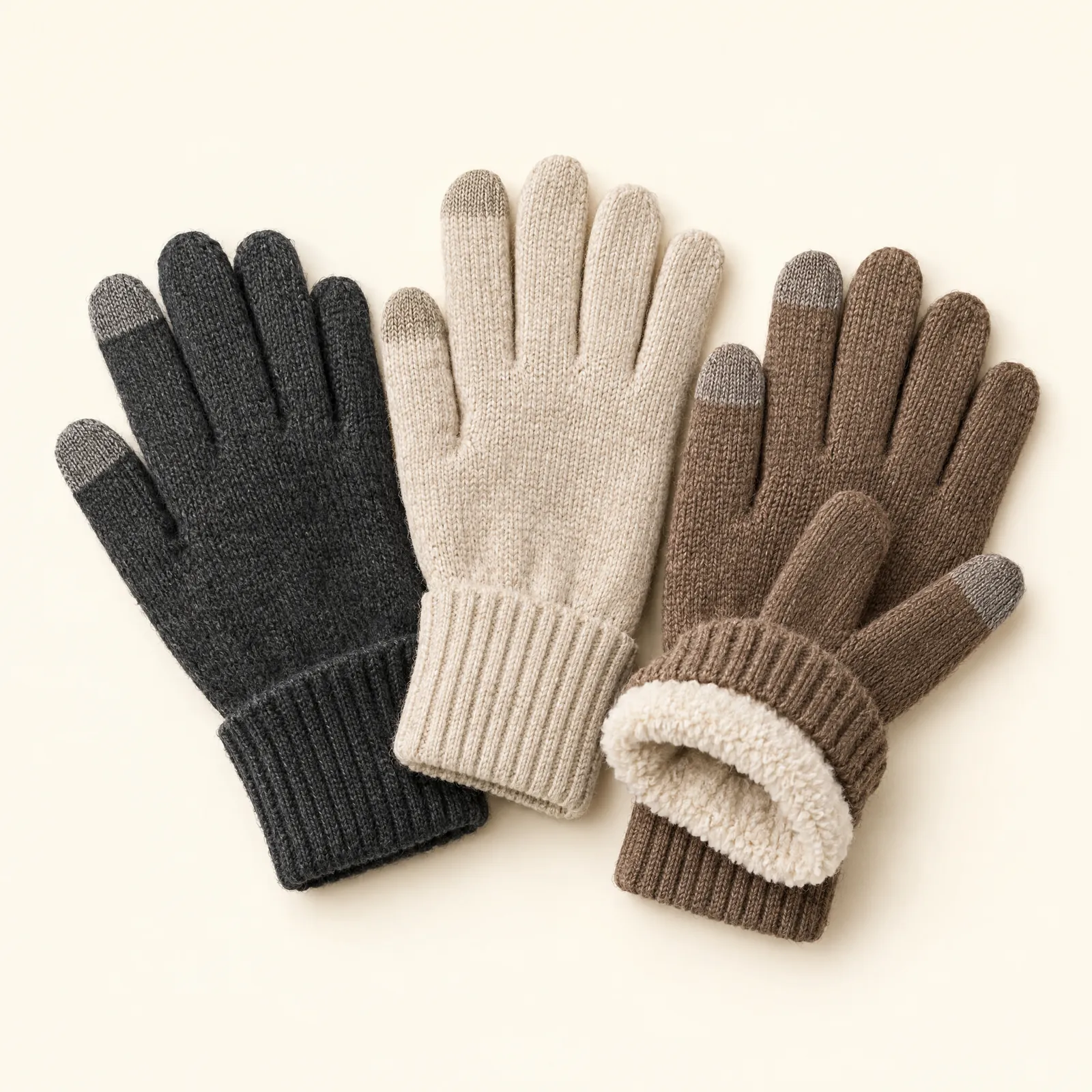 Three pairs of fleece-lined knit gloves in charcoal, oatmeal and brown, one cuff folded to show the lining