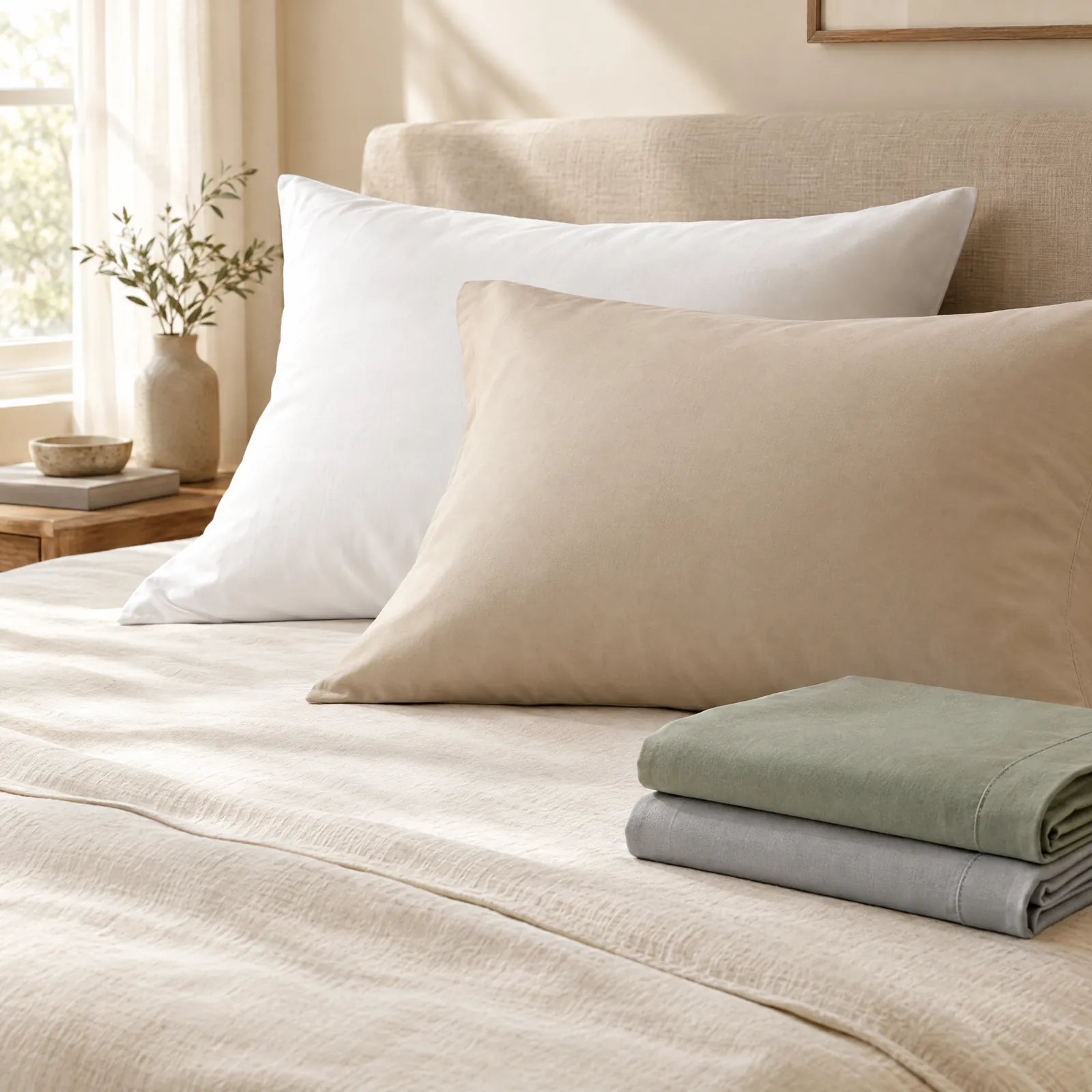 Cotton pillow covers in white, oatmeal, sage and gray on a made bed