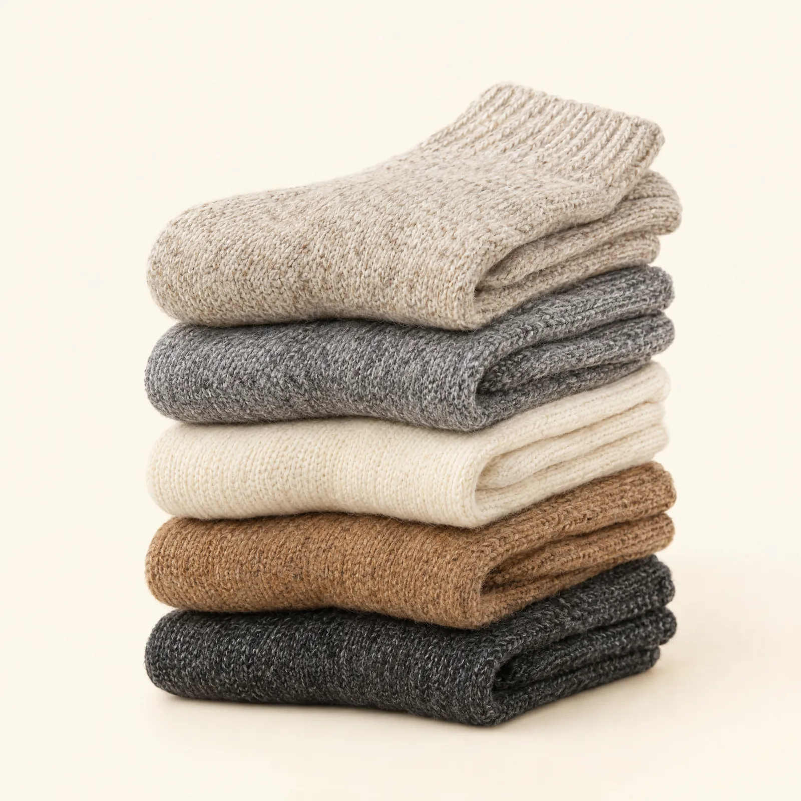 Five pairs of thick knit winter socks in warm neutral colors