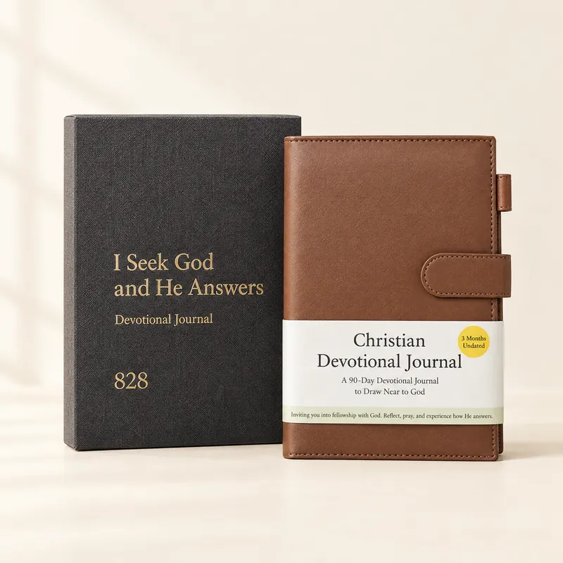 I Seek God and He Answers Journal in its brown vegan leather cover, beside its gift box