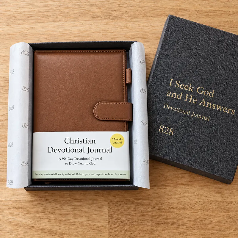 The journal in its open gift box with tissue paper
