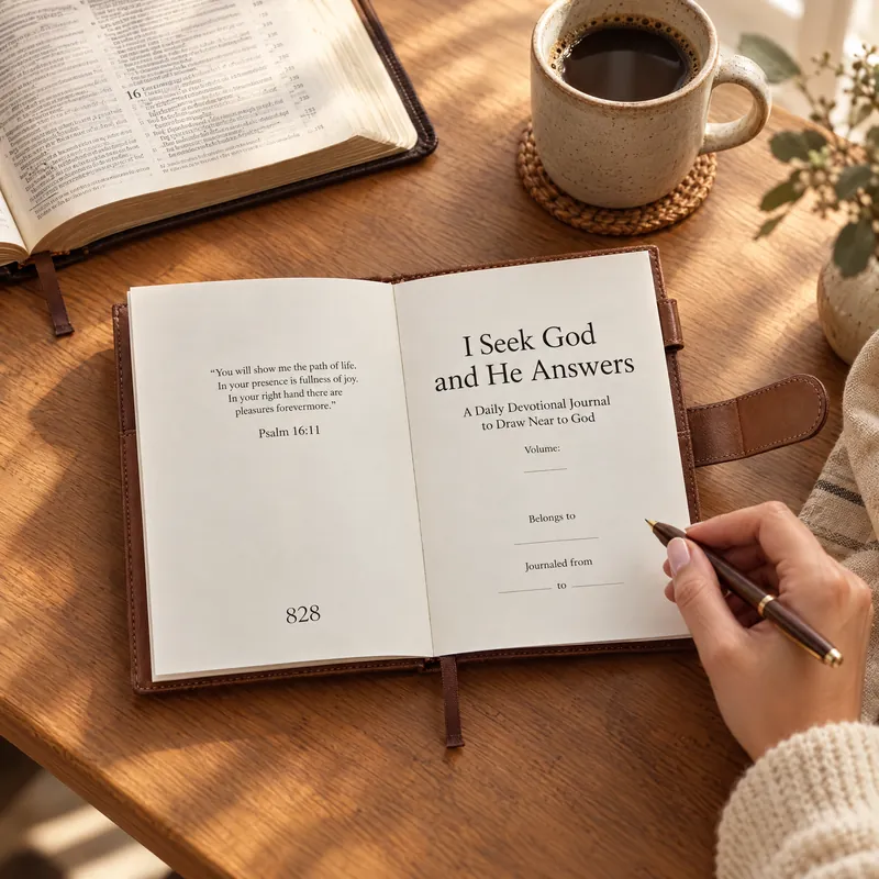 The journal open at its title page on a desk, with a pen, a Bible and coffee