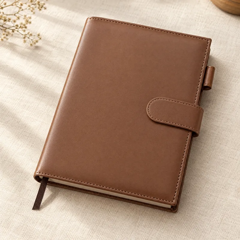 The vegan leather cover: magnetic strap, stitching, pen loop and ribbon bookmark